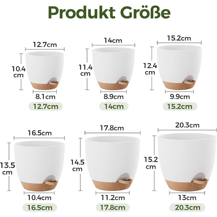 Набір горщиків для квітів Bamworld 6 шт. з автополивом, 12.7-20.3 см, з підставкою, для кімнатних рослин та розсади (білий)