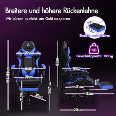 Ігровий крісло Alfordson з підніжкою, масажем, регулюванням на 150° та PU-шкірою. Макс. вага 180 кг, серія Eryx (Чорний/Синій)