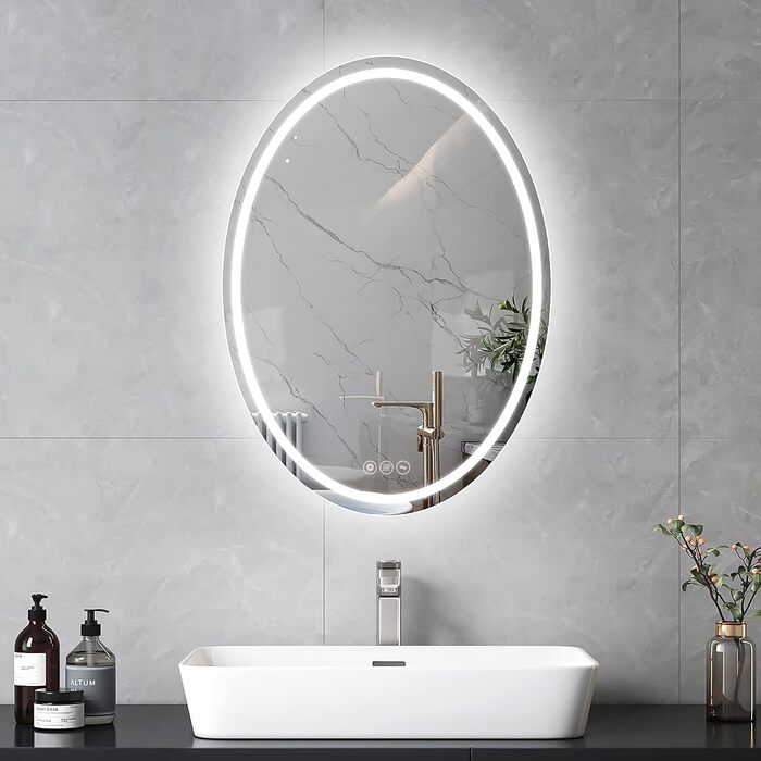 Дзеркало для ванної кімнати Badspiegel Oval з підсвічуванням 50 x 70 см, сенсорне управління, регулювання яскравості, 3 кольори світла, антизапарник, для ванної кімнати, 3000K-6400k