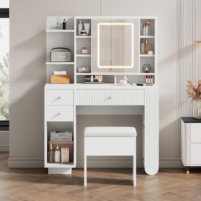 Туалетний столик Merax з дзеркалом та LED-підсвічуванням, з поличкою, 6 шухляд та золотими ручками, білий, 102x100x41.5 см (без табуретки)