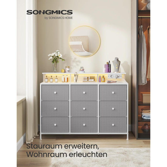 SONGMICS Комод з 9 висувними ящиками та LED-підсвічуванням, з розеткою, сталевий каркас, 33,5 x 114 x 84 см, для спальні/вітальні (Таунгrau)