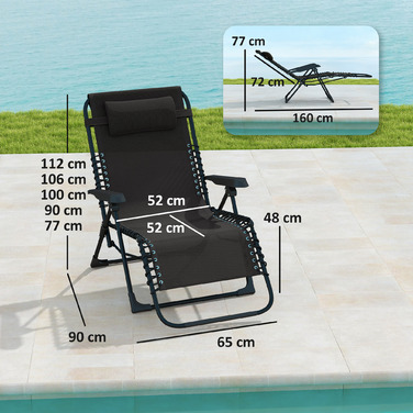 Зручний розкладний шезлонг для саду з підголовником, спинка регулюється в 5 положеннях, витримує до 120 кг, колір чорний