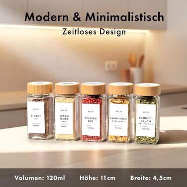 Набір скляних баночок для спецій кутовий (24 x 120 мл) з бамбуковими кришками. Включає ситечко для сипучих продуктів та 240 етикеток. Організатор спецій, 11x4,5 см.