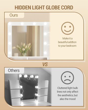 Дзеркальний туалетний столик Hzuaneri з LED-підсвіткою (10 LED), пуфом, великим дзеркалом, тримачем для фену та шухлядами, білий DT39003X