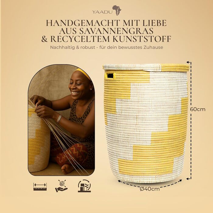 Корзина для білизни YAADU з кришкою - велика, африканський кошик (жовтого кольору)