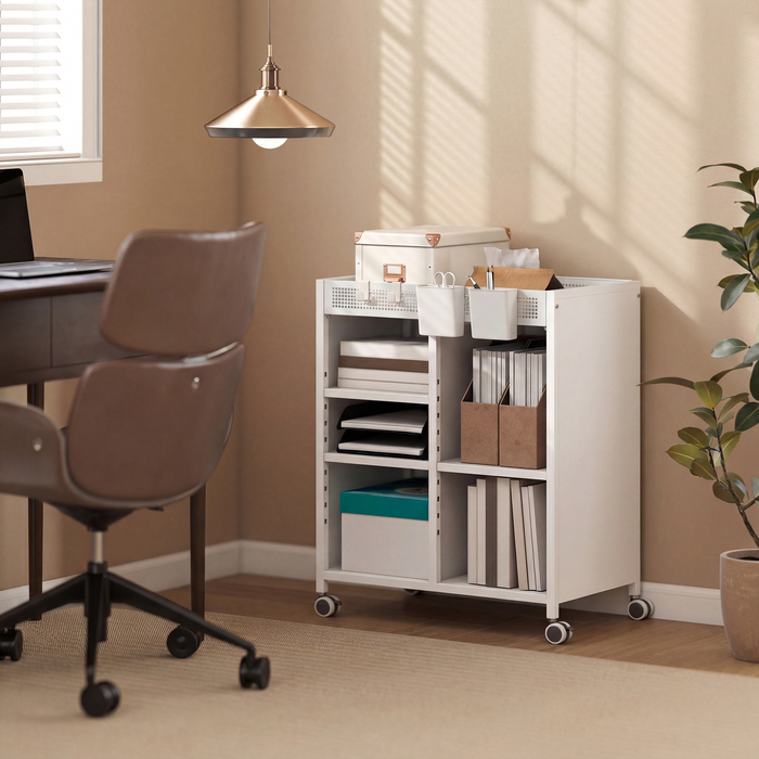 Мобильна полиця для книг на коліщатках, 4 яруси, регульовані полиці та підвісні кошики для домашнього офісу та вітальні, білий