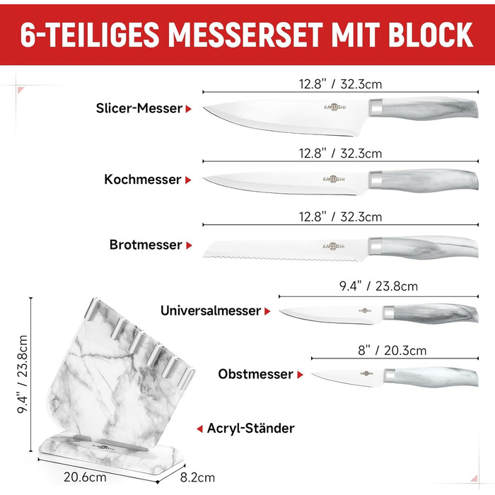 Набір кухонних ножів Messerblock Set: професійний набір з 6 предметів з нержавіючої сталі та дерев'яним блоком, з точильним каменем