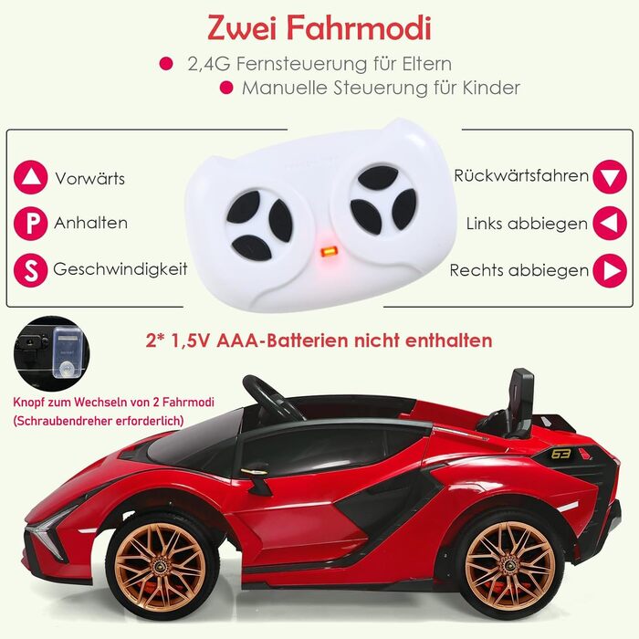 Електромобіль для дітей DREAMADE Lamborghini 12V з пультом, ременем безпеки, підсвічуванням, музикою та сигналом, червоний, від 3 років