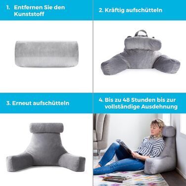 Подушка для спини Linenspa з підтримкою шиї - велика, з піною з пам'яті, для відпочинку та читання, з м'яким велюровим чохлом, сірого кольору