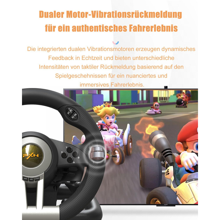 PXN V3 Pro Ігровий кермо з педалями для ПК, PS4, PS3, Xbox, Nintendo Switch. 180° поворот, вібрація, педалі, перемикачі швидкостей - Чорний