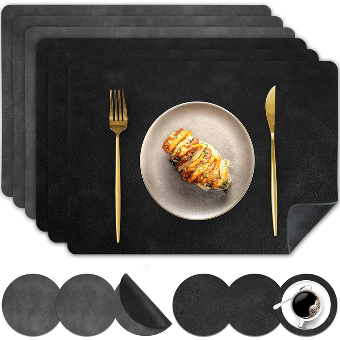 Набір підставок під тарілки та серветок Pixieora, 6 шт., сірий/чорний, штучна шкіра, миючіся, з антиковзаючим покриттям