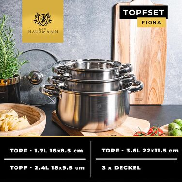 Набір каструль Karl Hausmann з нержавіючої сталі (індукційні) 3 шт. - для всіх типів плит - з кришкою з термостійкого скла - з мірною шкалою