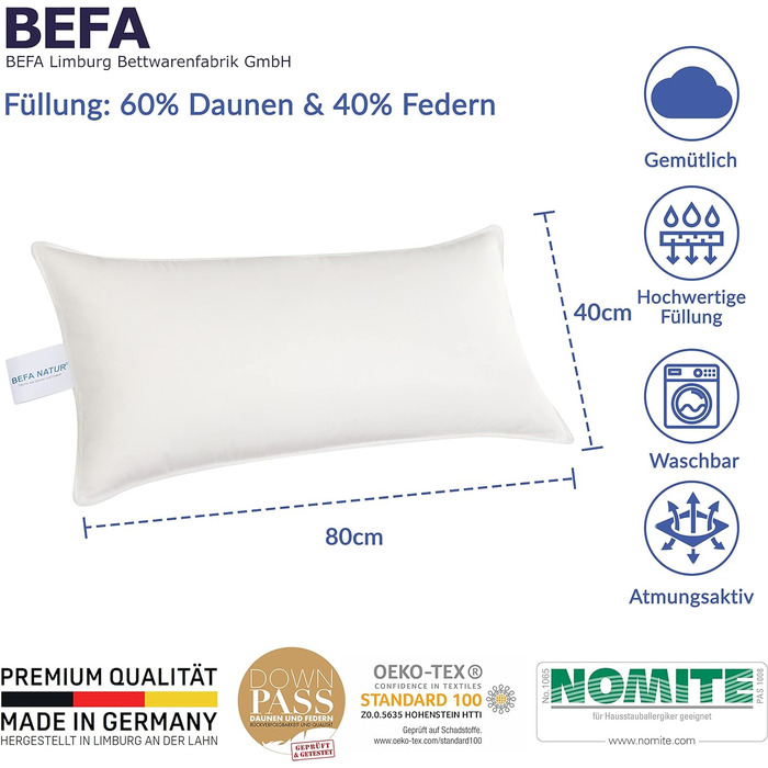 Подушка BEFA NATUR Made in Germany 80х80 см з 60 пухом і 40 пір'ям 1 класу, біла, вага наповнювача 900г. Підходить для алергіків (номіт), пас (2 шт. и) (40 х 80 см)