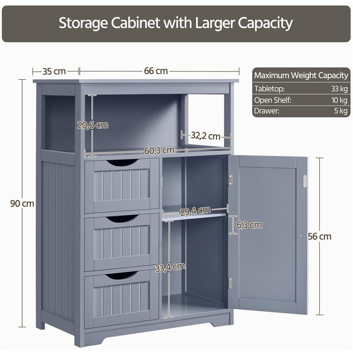 Шафа для ванної кімнати Yaheetech з 3 висувними ящиками та 1 дверцятами, регульовані полиці, 66x35x90 см (Сірий)
