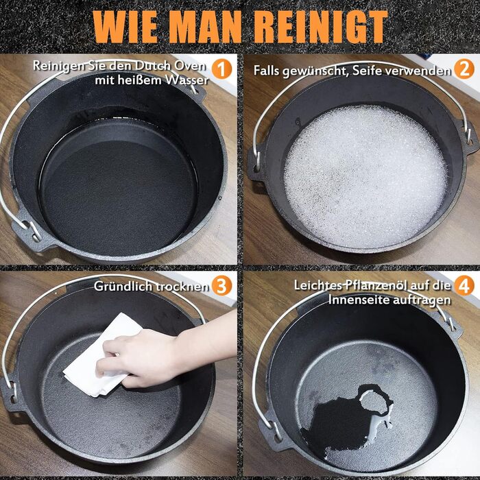 Нідерландський горщик (Dutch Oven), набір 9 літрів, чавунний горщик з кришкою-підйомником, 2-в-1, для приготування їжі на відкритому вогні та в приміщенні, чорний