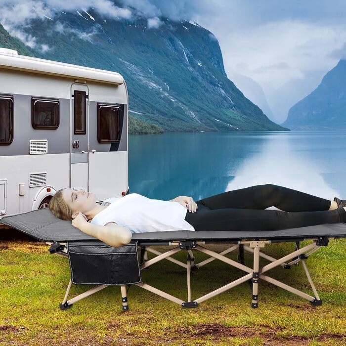 Розкладне кемпінгове ліжко REDCAMP XXL, посилене ліжко для відпочинку (ширина 71 см, навантаження до 226 кг), сіро-чорне