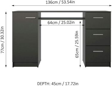 Письмовий стіл Madesa, комп'ютерний стіл з 3 висувними ящиками і 1 дверцятами, 136 x 45 x 77 см, з дерева - Black Black 77 H x 45 D x 136 L см