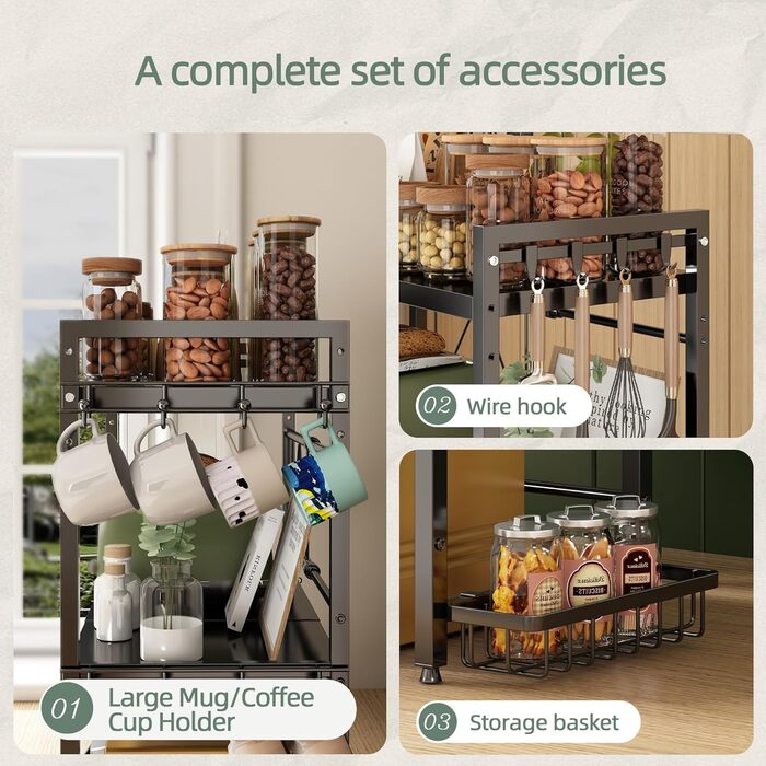 Регульована полиця для мікрохвильової печі NETEL 3-ярусна, чорна, висувна 40-60 см, з кошиками