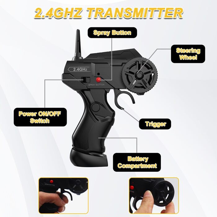 RC Drift Car Mostop 1:16 2.4Ghz – Радіокерована модель для дрифту зі світлодіодами, розпилювачем, 2 акумуляторами та додатковими шинами, швидкість 18 км/год, 4WD для дітей та хобі