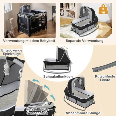 Дитяче туристичне ліжко COSTWAY 5 в 1 з матрацом, сірим кольором, до 15 кг, з пеленатором та іграшкою