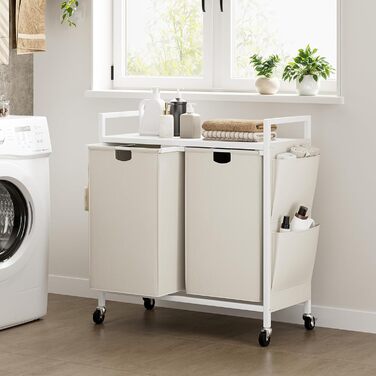 WOWLIVE Подвійний кошик для білизни з кришкою, на колесах, з металу, сортувальник білизни з верхньою полицею та 2 знімними мішками, велике зберігання одягу для кімнати (110л, білий/оптичний сад)