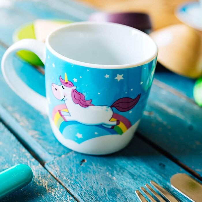 Набір дитячого посуду BIOZOYG з порцеляни (3 шт.): тарілка, чашка, миска з єдинорогом. Безпечний для миття в посудомийній машині. Ідеальний подарунок для дітей!