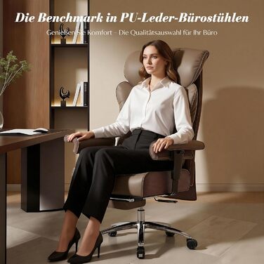 Офісний стілець Efomao XXL 200 кг з підставкою для ніг, штучна шкіра, висока спинка, регульовані підлокітники, підтримка попереку, сірий. Для дому та офісу