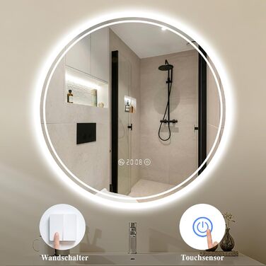 LED дзеркало для ванної кімнати з підсвічуванням 40x60 см - проти запотівання, 3 кольори, регулювання яскравості, подвійний сенсорний вимикач, пам'ять вимкнення, для ванної/туалету - горизонтальний/вертикальний монтаж