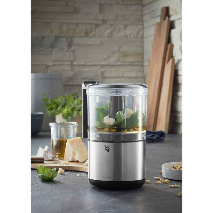 Подрібнювач WMF Küchenminis Cromargan матовий, компактний електричний подрібнювач з однією кнопкою, контейнер 0.3л, 65 Вт, пластик