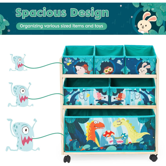 Органайзер для іграшок HOMCENT з колесами та 6 контейнерами, велика місткість, тематика динозаврів для дитячої кімнати
