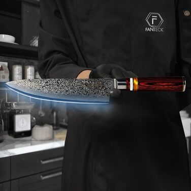 Японський кухонний ніж FANTECK Gyuto з дамаської сталі 20 см (67 шарів VG-10) з дерев'яною ручкою, професійний ніж для кухні, подарункова коробка