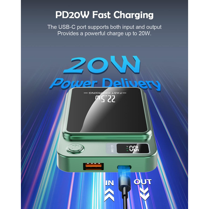 Бездротовий повербанк 10000mAh, магнітний, Mini PD 22.5W, LED дисплей, для iPhone 12-15 (зелений)