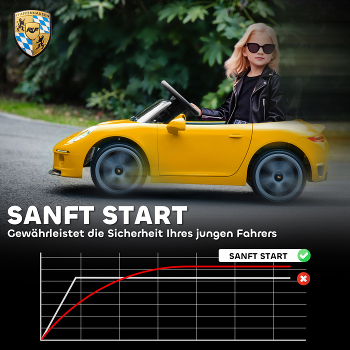 Дитячий електромобіль на акумуляторі, з дистанційним керуванням, музикою, звуком клаксона, USB-роз'ємом, ременем безпеки, для дітей 3-5 років, жовтого кольору.