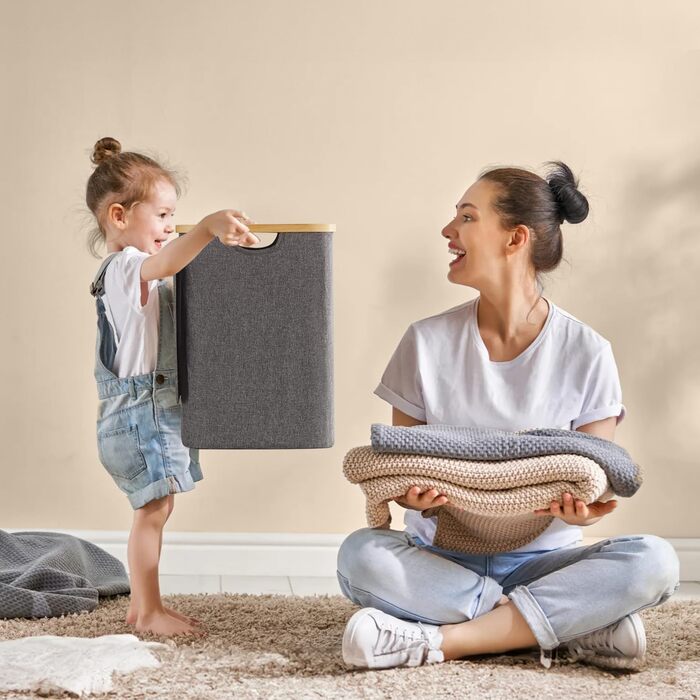 Кошик для білизни Rieeyrslza з кришкою, 158 л, бамбук, 2 знімні мішки для білизни, Oxford, складний, сортувальник, для ковдр та одягу (сірий)