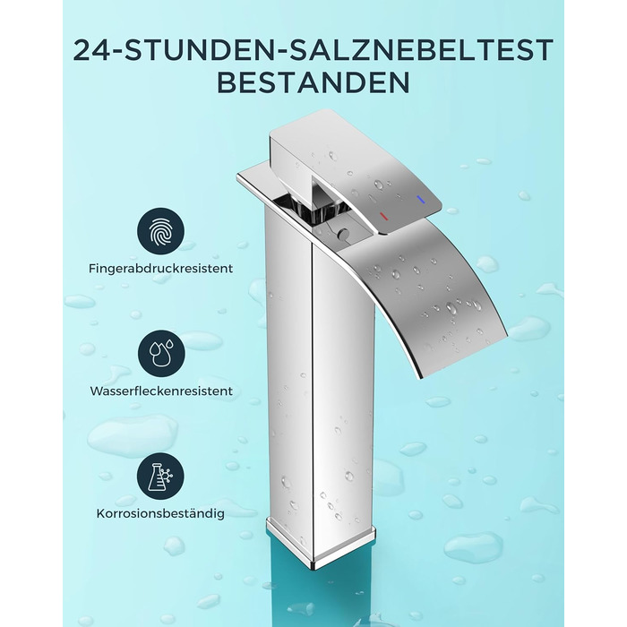 Змішувач для ванної кімнати FORIOUS з водоспадом, одноручний, для умивальника, хром, висота виливу 80 мм, економія води та енергії