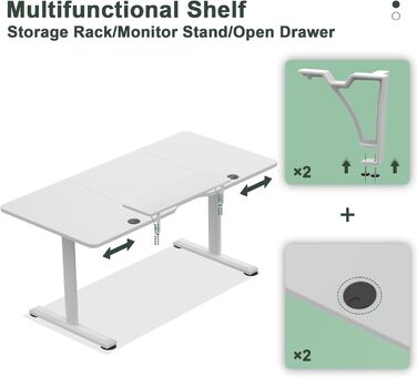 Стіл з регульованою по висоті полицею Ергономічна настільна полиця для монітора, настільний комп'ютерний стіл з підставкою, проста збірка, домашній офіс, білий, 120x60cm
