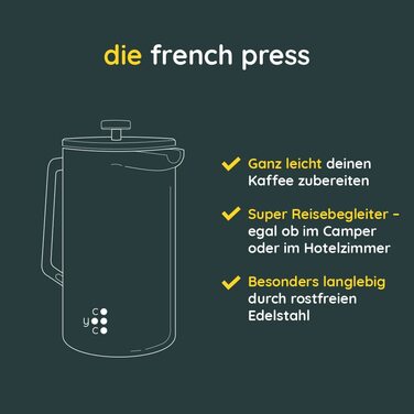 Французький прес COYOOCO з нержавіючої сталі (прес для кави на 4 або 2 чашки кави) Термоусадочна кавоварка для кемпінгу зі змінними фільтрами та інструкціями двохстінний кавоварка (800 мл на 4 чашки)