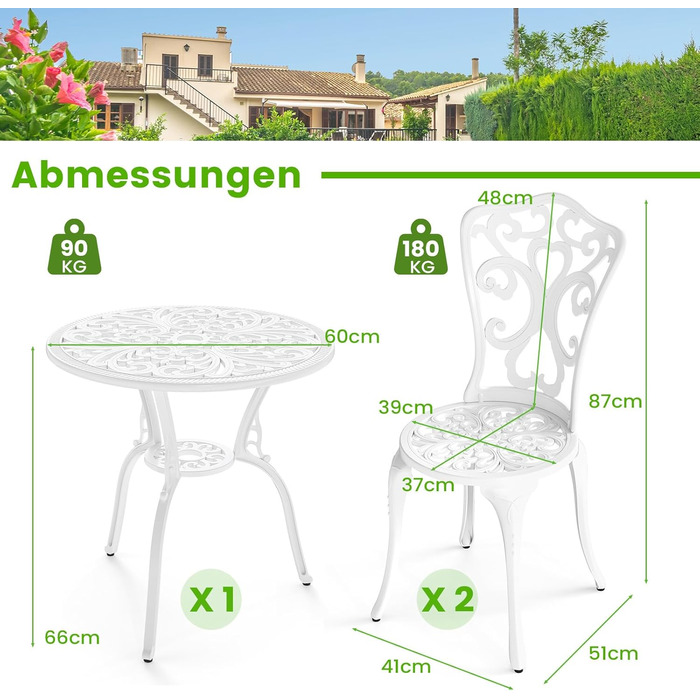 Бistroset COSTWAY: стіл з 2 стільцями, отвір для парасольки, садові меблі з алюмінію та чавуну, білий (Blume)