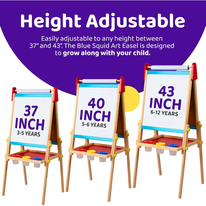 Дитяча мольберт Blue Squid Kinder Staffelei: регульована висота, двосторонній, з крейдяною та магнітною дошкою, рулоном паперу, 100+ аксесуарів, для дітей 3-12 років, преміум-якість 2025
