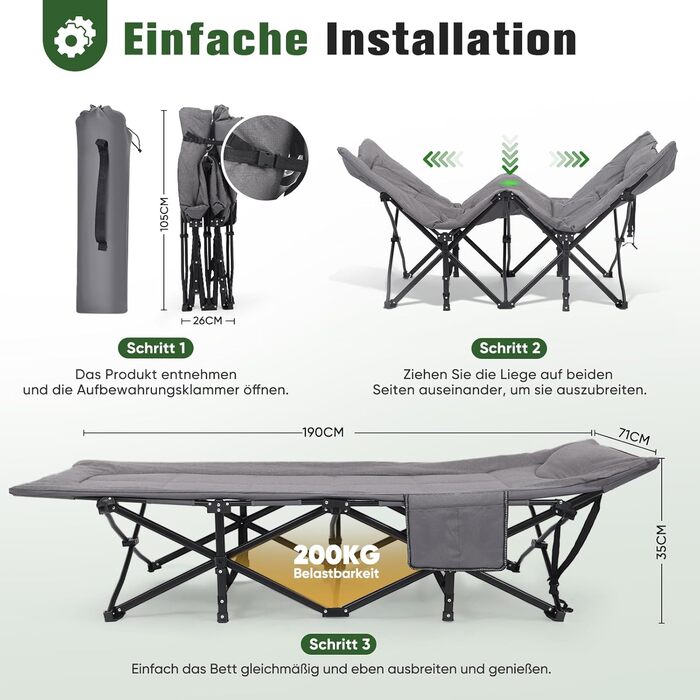 Складане кемпінгове ліжко Sekey з матрацом та бічною кишенею, 190 x 71 x 36 см, поширена шезлонг-ліжка для відпочинку на природі, в саду, на фестивалях та в подорожах