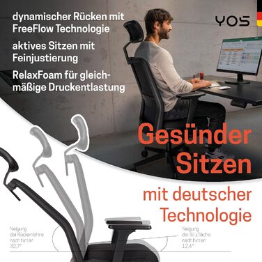 Офісний стілець YOS S5 з підтримкою спини та голови, чорний. Ergonomічний стілець до 150 кг, Made in Germany