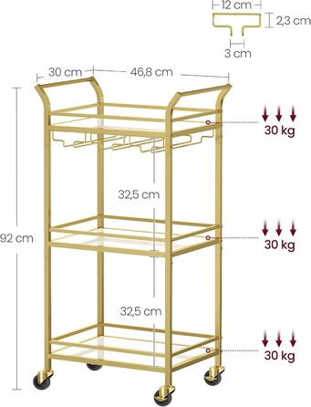 Візок для сервірування VASAGLE, 3 яруси, дзеркальні скляні полиці, для кухні, їдальні, бар, золотий тон
