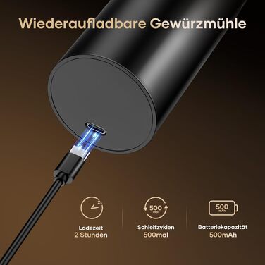 Електричні солі та перечні млини 2 шт. (чорні) з регулюванням помелу, LED-підсвічуванням та великим резервуаром 100 мл