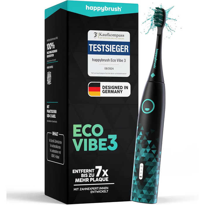 Електрична зубна щітка HappyBrush Eco Vibe 3+ – Чорний/М'ятний – 2 роки гарантії