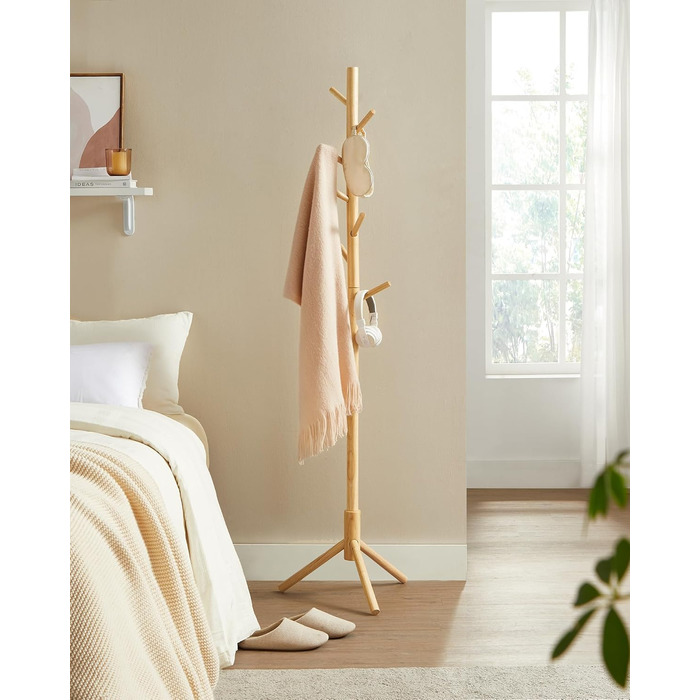 Стійка для одягу VASAGLE з масиву дерева, 8 гачків, 3 регульовані висоти, для одягу, шапок, сумок, вітальня, спальня, офіс, RCR04GY (натуральний колір)