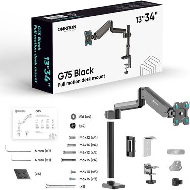 Кріплення для монітора ONKRON G90-B (G75-B) - регульований тримач для монітора 13-34 дюймів, до 10 кг, VESA 75x75-100x100, чорний