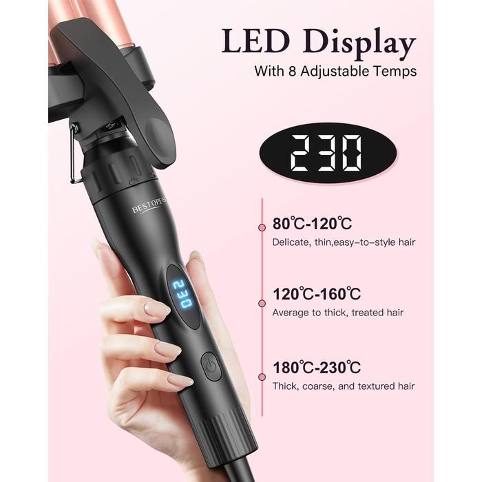 Набір для створення локонів BESTOPE PRO 5 в 1 з LED-дисплеєм: 3 насадки, регулювання температури, рукавичка, кліпси, рожеве золото