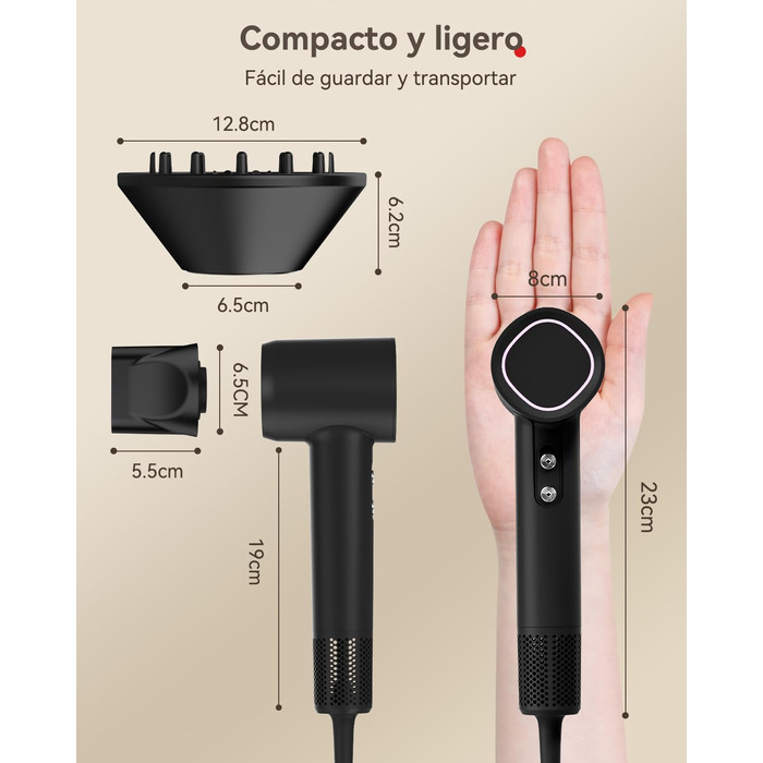 Професійний іонний фен для волосся з дифузором, безщітковий мотор 160 000 об/хв, швидке сушіння, сірий