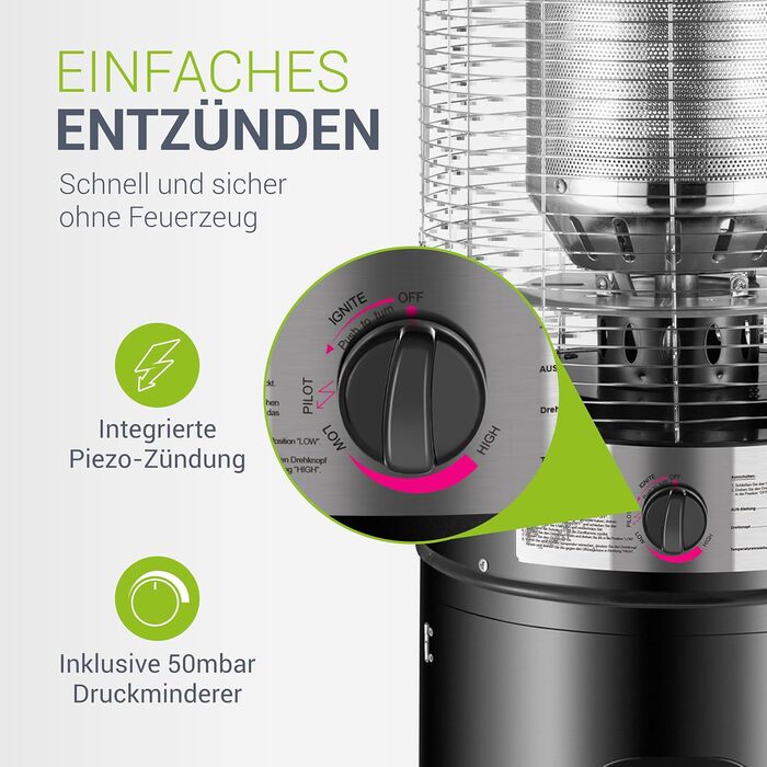 Газовий обігрівач для тераси Juskys® Cuna 11 кВт - обігрівач для тераси, балкону та саду - сумісний з 5 та 11 кг газовими балонами (Газовий балон не входить у комплект)