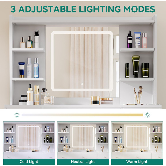 Туалетний столик YITAHOME з підсвічуванням та дзеркалом, з пуфом, 4 шухляди, відкриті полиці, чорний (білий, 9 шухляд)